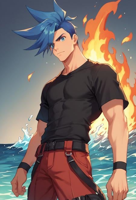 score_9, score_8_up, score_7_up, source_anime, highly detailed, galo, male focus, 1boy, blue hair, spiked hair, blue eyes, solo, shirt, black shirt, t-shirt, pants, red pants,  upper body,fire, pyrokinesis, water,