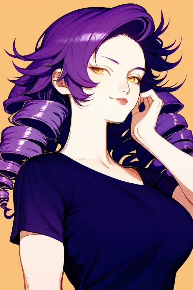 score_7_up, 1girl, smug, arm_up, dark_purple hair, side-swept_bangs, drill_hair, golden eyes, breasts, beautiful background <lora:Amano_Yoshitaka_PonyXL_style_v01.10.01:1>