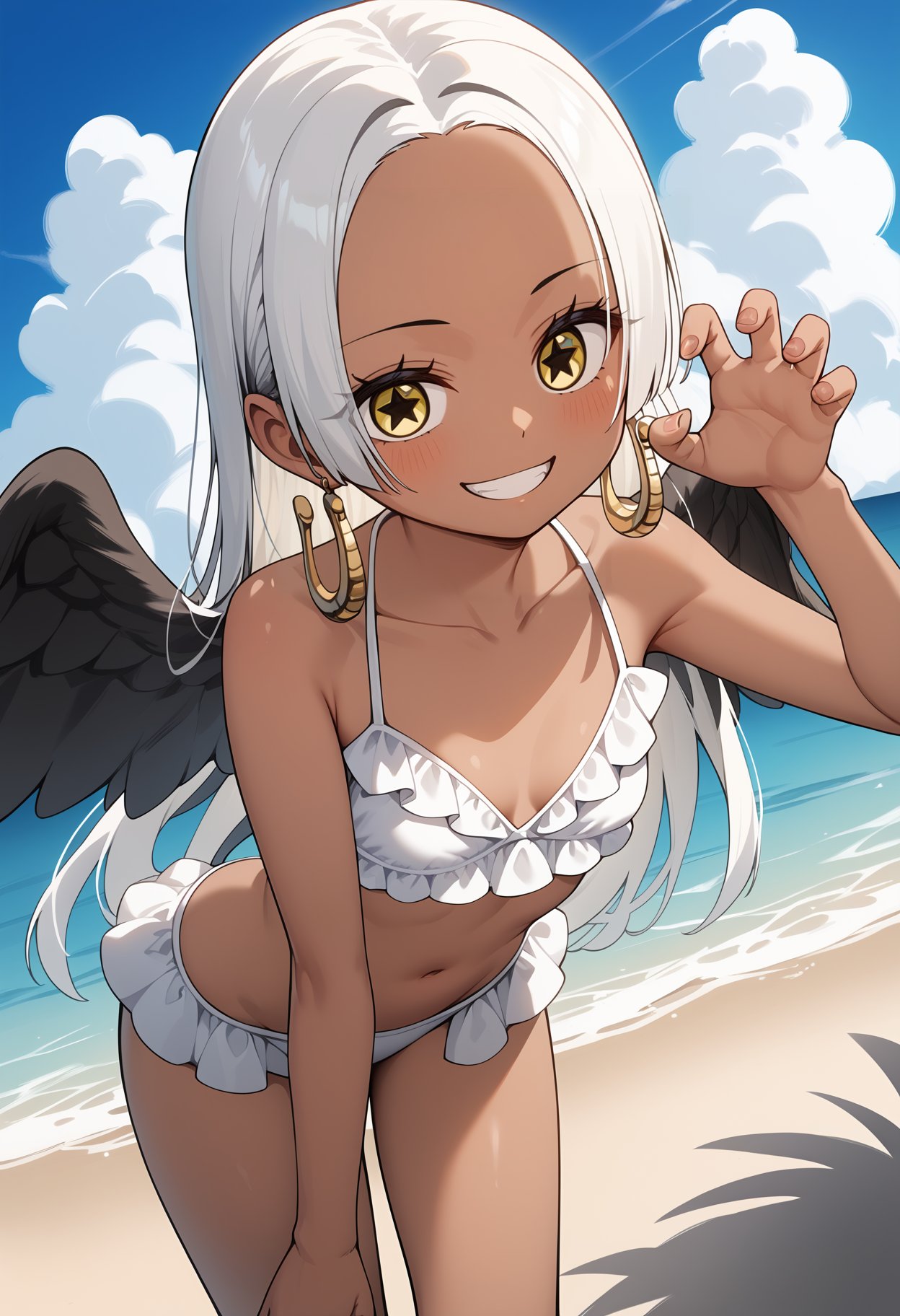 score_9, score_8_up, score_7_up, score_6_up, score_5_up, score_4_up, source_anime, aasnake, long hair, white hair, dark skin, earrings, yellow eyes, symbol-shaped pupils, black wings, small breasts, <lora:s-snake_ponyxl_v1:0.9>, collarbone, bare arms, frilled bikini, beach, claw pose, smile, leaning forward,