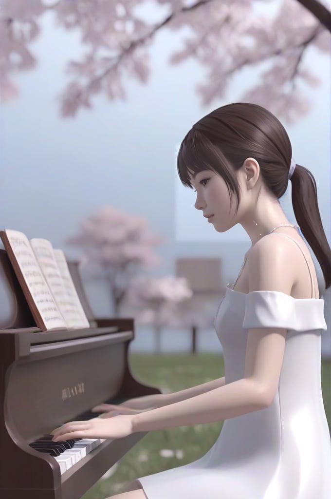 (((masterpiece, best quality, highres))), (((sakura petals snowing))), (((floating object))), (((closeup on face))), sakurairo mau koro, facing viewer, slim figure, 1girl, pretty face, ponytail, bangs, sitting on chair, playing wooden piano, off shoulder, white dress, head down, sky, grass, sitting on chair, sakura, cherry blossoms, shape, cityscape, ((hilltop)), <lora:sakurairomaukoro_sdxl_rearview:0.8>