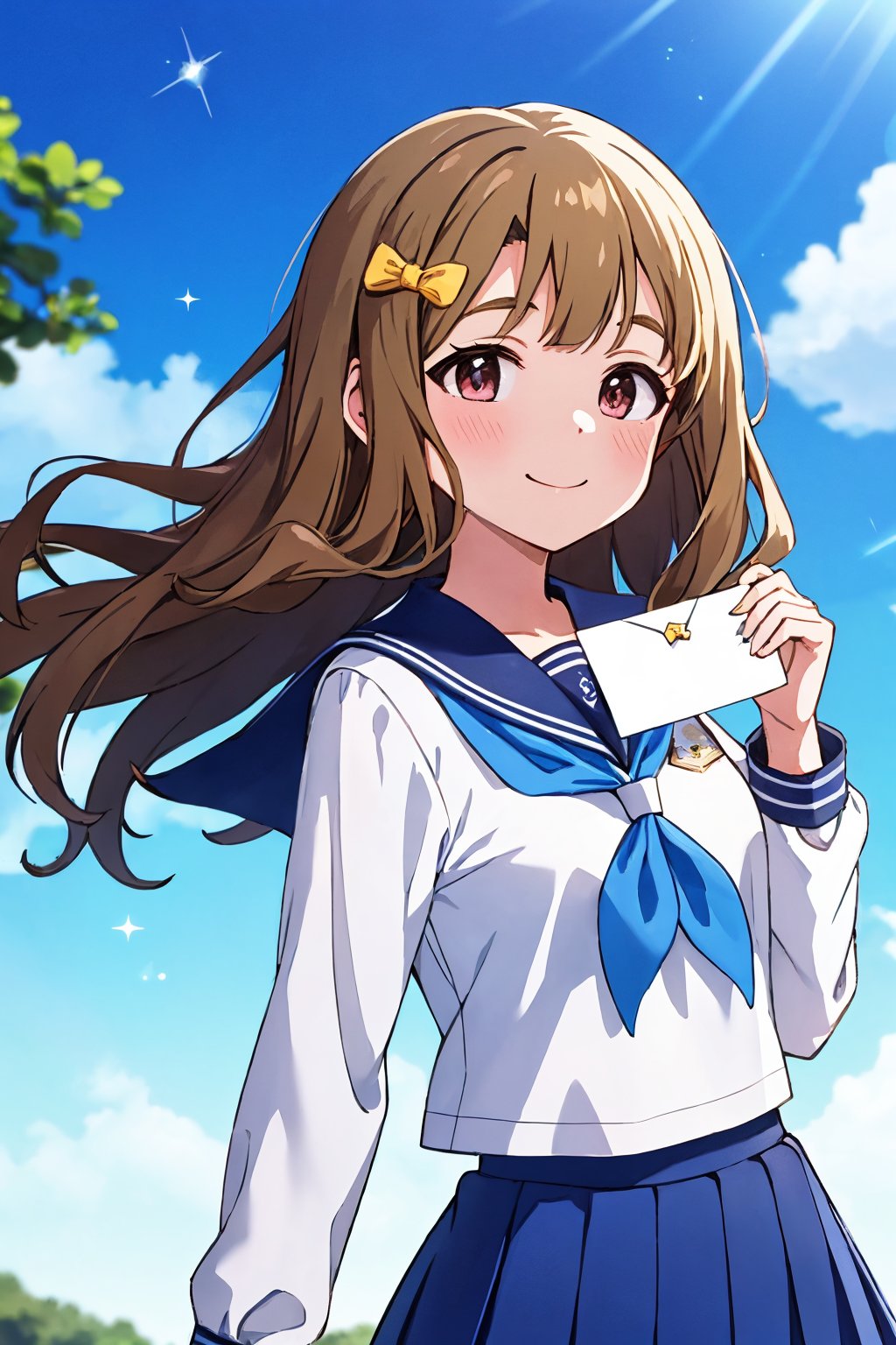 miyao miya, sailor dreamer, glint, smile, holding letter, letter, diffraction spikes, day, looking at viewer, depth of field, cloud, sparkle background, sky, sunlight, closed mouth, sailor collar, sun, blush, light rays, solo, blue sky, bokeh, outdoors, lens flare, leaf, tree, 1girl, cloudy sky, serafuku, school uniform, blue skirt, pleated skirt, white sailor collar, white shirt, long sleeves, yellow bow, polka dot bow, blue neckerchief <lora:miyao_miya_locon_v2:0.7>