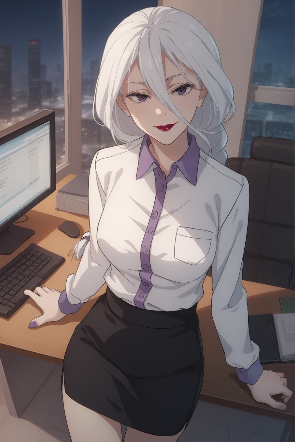 score_9, score_8_up, score_7_up, score_6_up, score_5_up, score_4_up, BREAK source_anime, 1girl, solo,<lora:MeimeiXL-v1-06:0.8>, ChopioMeiMei, white hair, looking at viewer,medium breasts, purple nails,long hair, braided ponytail, long bangs, hair tie, hair between eyes, red lipstick,office, monitor, keyboard \(computer\), desk, standing, leaning against desk,window, cityscape, night,black skirt, pencil_skirt, black skirt, white shirt, shirt tucked in, button, belts, seductive smile,