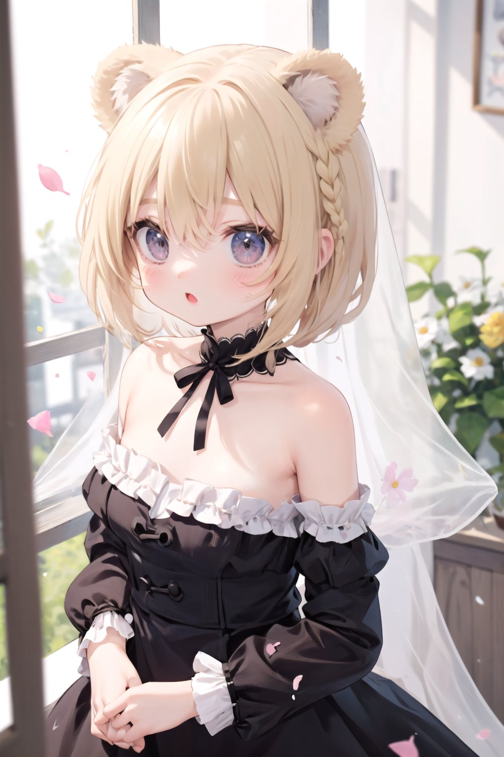 loli, (out the window:1.2), (outside view:1.2), From the third person, fluttering petals, (depth of field, blurry, blurry background, bokeh:1.2), close-up, very long hair, upper body, light blonde hair, bear ears, shamed, expressionless, frills, veil, see-through, :o, dress, flower patterned dress, messy hair, braid, gothic lolita, lolita fashion, bare shoulders, masterpiece