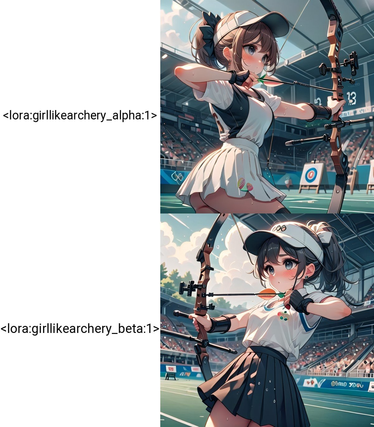 ((archery)), ((bowstring)), holding bow \(weapon\), holding arrow \(projectile\), aiming, fingerless gloves, player uniform, pleated skirt, baseball hat, visor cap, turf, target in range, olympic games venue, 1girl, earrings, sweat, floating hair, cleavage, big tits, brown ponytail, indoors, ceiling, <lora:girllikearchery_alpha:1>