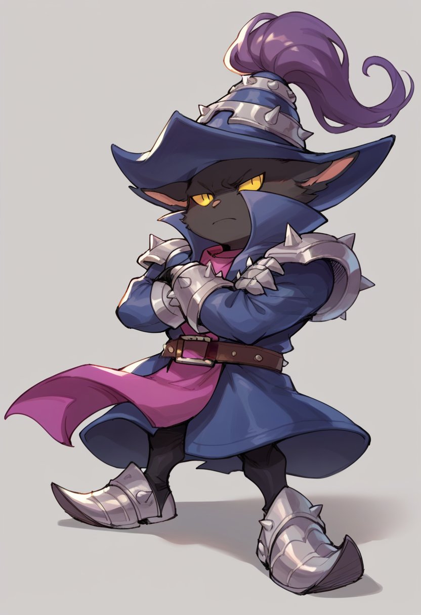 score_9, score_8_up, score_7_up, score_6_up, v3igar, 1boy, male focus, yellow eyes, yordle, hat, coat, armored shoes, belt, armor, gauntlets, <lora:Veigar_Default_v2:0.7>, arms crossed