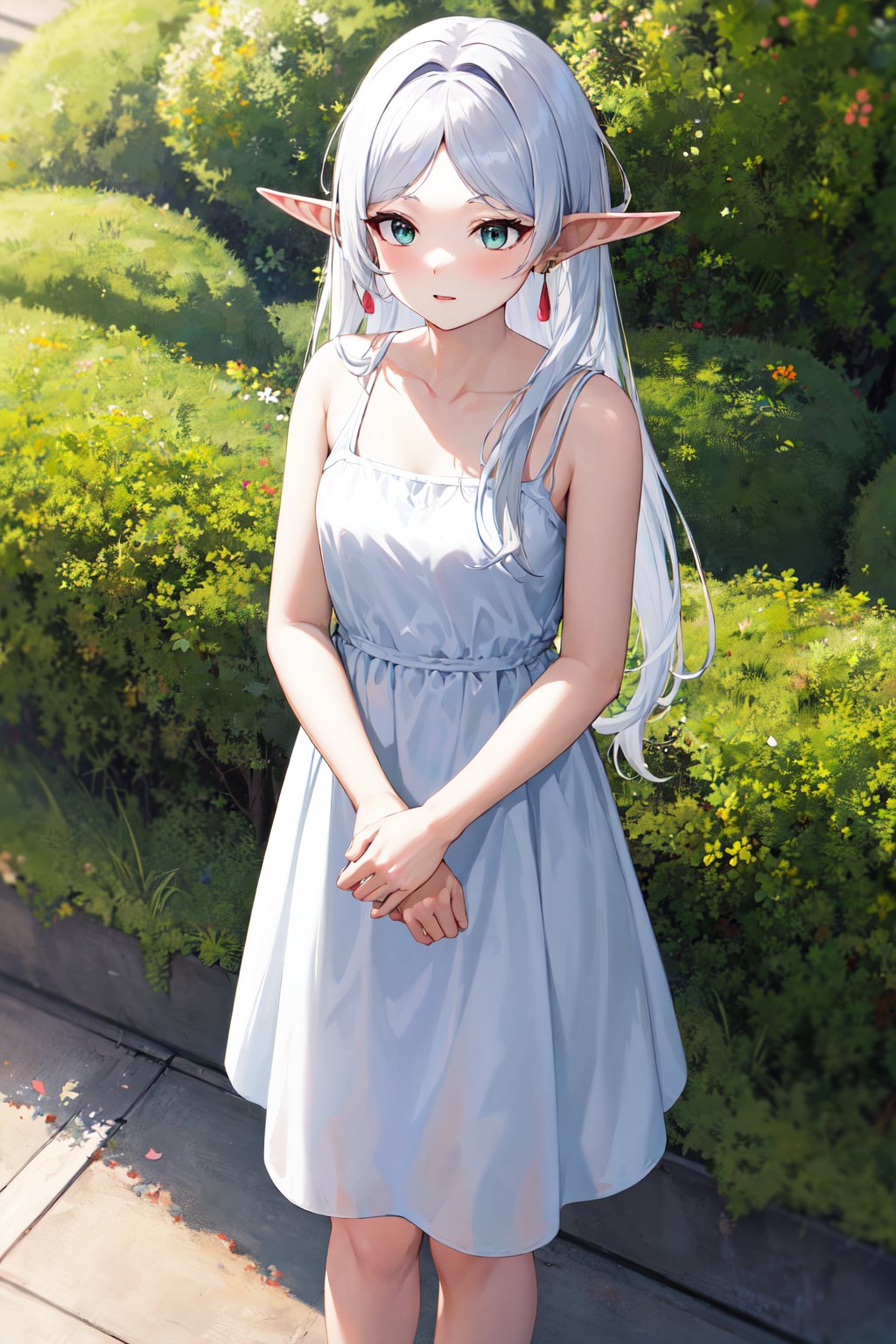 masterpiece, best quality, highres, aafrie, long hair, white hair, parted bangs, pointy ears, earrings, thick eyebrows, collarbone, bare shoulders, white dress, sleeveless dress, <lora:frieren_v1:0.7>,  standing, from above, outdoors