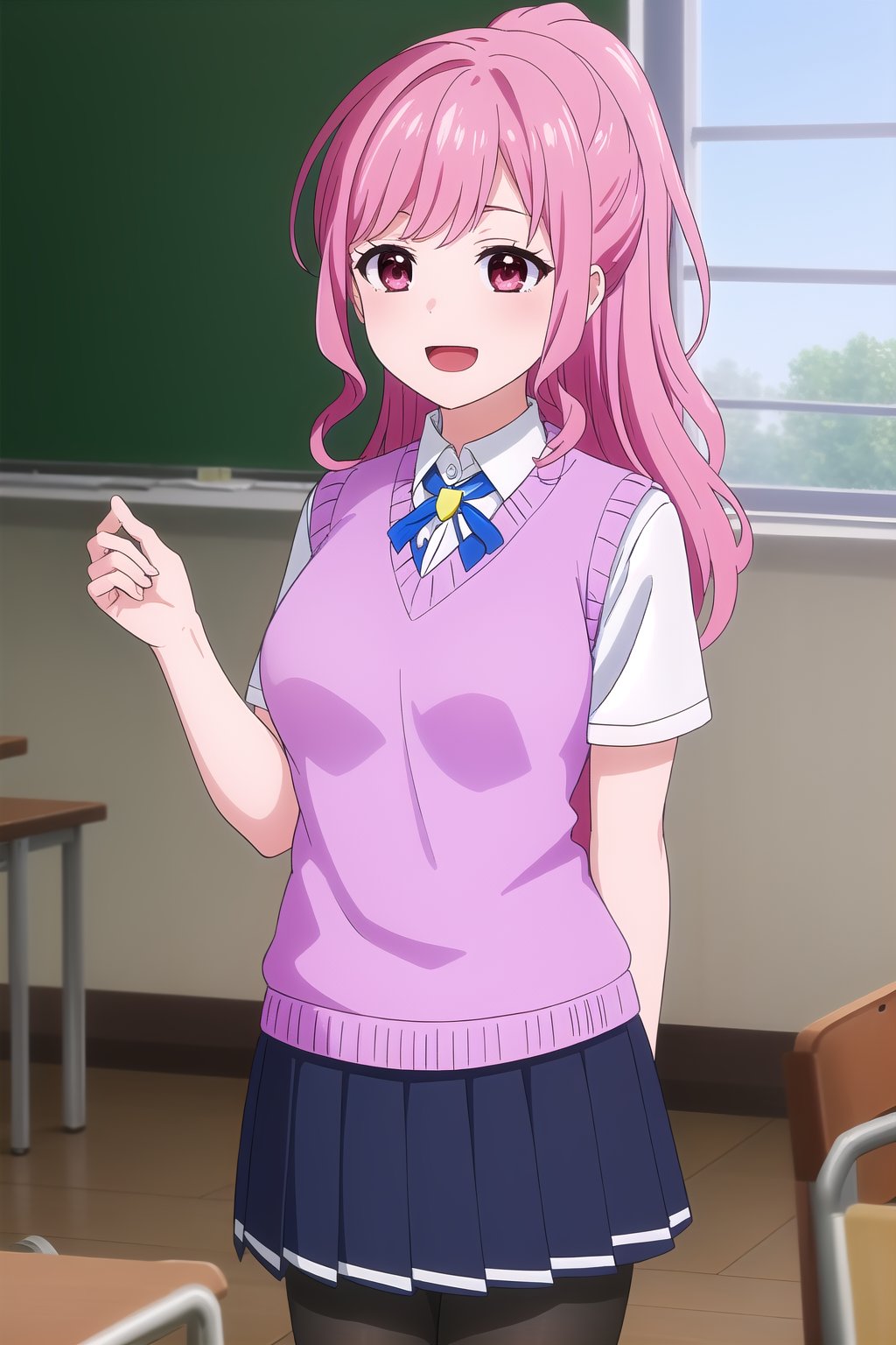 (masterpiece, best quality), highly detailed background, perfect lightingbest quality, yanagidakaoruko, solo, indoors, classroom, pink hair, high ponytail, half updo, swept bangs, wavy hair, very long hair, sidelocks, pink eyes, medium breasts, pink sweater vest, white shirt, neck ribbon, blue ribbon, short sleeves, black skirt, pleated skirt, black pantyhose, school uniform, smile, open mouth, :d, <lora:Yanagida-Kaoruko-2-10:0.7>