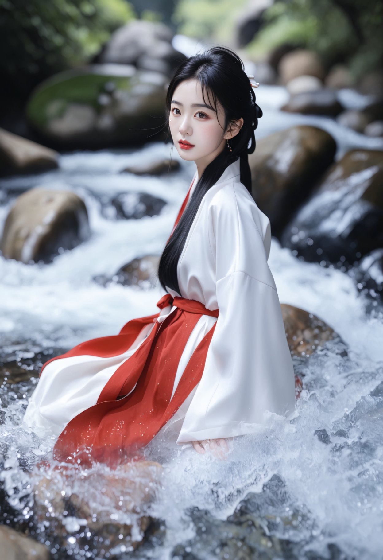 Photograph, young woman in traditional Chinese attire, red and white fur-trimmed robe, seated on rocks by a flowing stream, soft natural light, serene expression, long dark hair, delicate petals floating in the water, blurred background with rocks, ethereal and tranquil atmosphere.