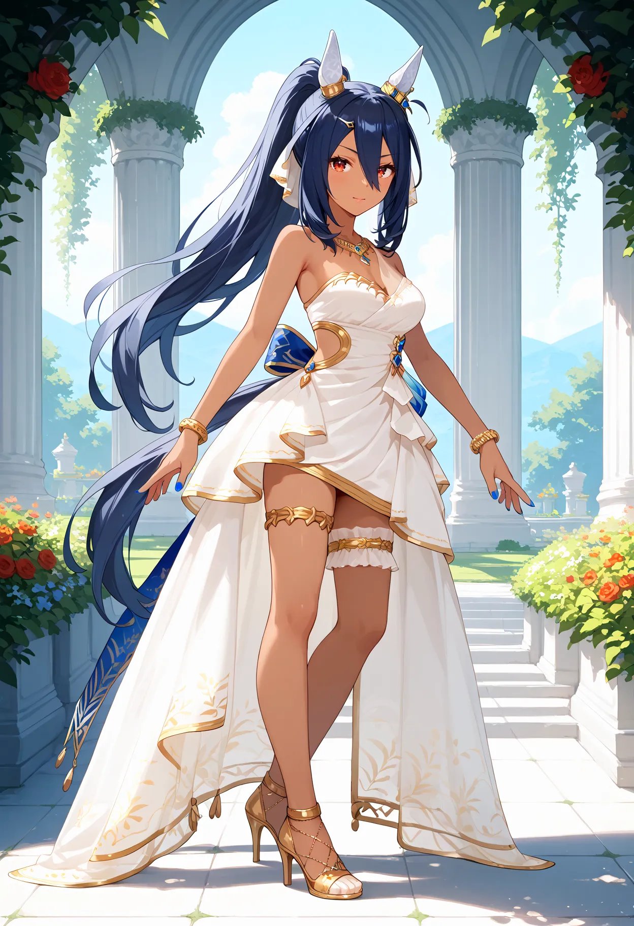 score_9, score_8_up, score_7_up, BREAK, best quality, masterpiece, very aesthetic, ultra detailed,very detailed background,BREAK,,zPDXL3,Hishiama_HV, 1girl, solo, long hair, hair between eyes, red eyes, jewelry, blue hair, ponytail, dark skin, necklace, white dress, bracelet, dark-skinned female, horse ears, horse tail,high heels, strapless,thighlet,polish, <lyco:Hishiama-ponyXL_locon:1>garden,starrynight