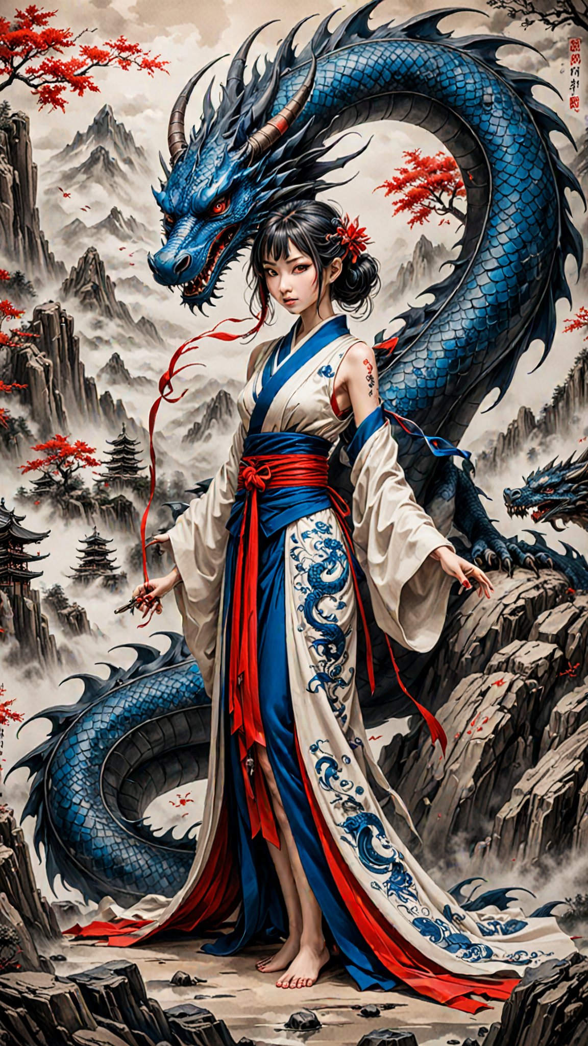 (ULTIMATE Japanese style, INK WASH). on parchment,  Black and White, dragon girl, mountains, (japanese Writing in Red and Blue), trending on ArtStation , intricate details, masterpiece, best quality, (Use Dream Diffusion Secret Prompt), (Epic), <lora:3D_Framed_Wall_Art_-_By_DICE:0.6>, (Framed Dragon), UHD