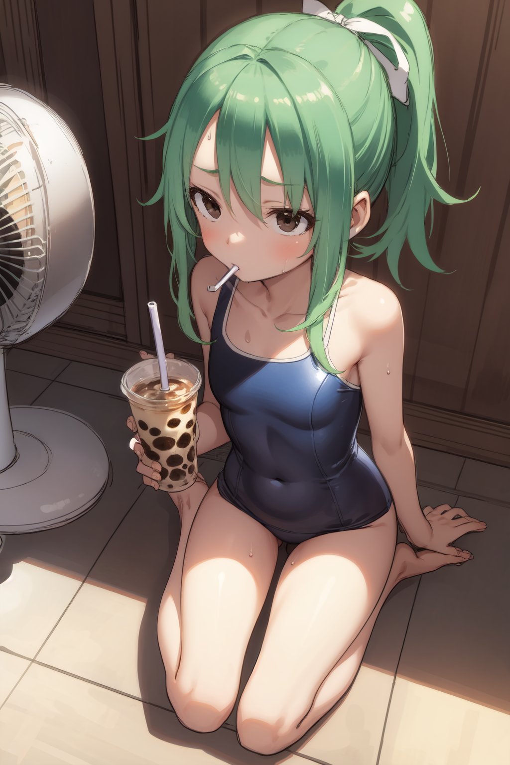 (traditional media, sketch:1.25),1girl, ponytail, green hair, brown eyes, forehead, sweating, sweatBREAK drinking, boba tea, holding cup, drinking strawBREAK blue one-piece swimsuit, sitting, on floor, barefootBREAK from above, veranda, porch, summer, (electric fan:1.2)