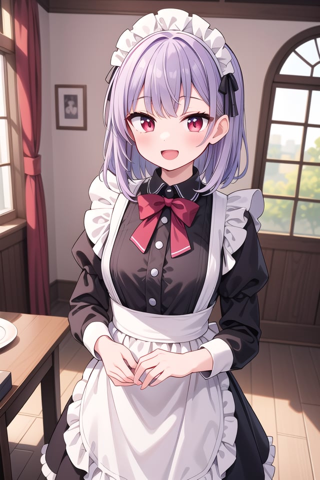 insanely detailed, absurdres, ultra-highres, ultra-detailed, best quality,1girl, solo, nice hands, perfect handsBREAK(cleavage:-1.5),(traditional maid:1.2),apron, blush, bow, bowtie, frilled apron, frills, long sleeves, maid, maid apron, maid headdress, waist apron, white apron,(maid costume, maid hair dress:1.3), long skirtBREAKhappy smile, laugh, open mouthBREAKfrom above,standing, cowboy shot, looking at viewerBREAKslender, kawaii, perfect symmetrical face, ultra cute girl, ultra cute face, ultra detailed eyes, ultra detailed hair, ultra cute, ultra beautifulBREAKfantasy world, in castle, indoors, antique interior, depth of field, ultra detailed backgroundBREAKmedium large breastsBREAK(purple hair, red eyes), medium hair, hime cut