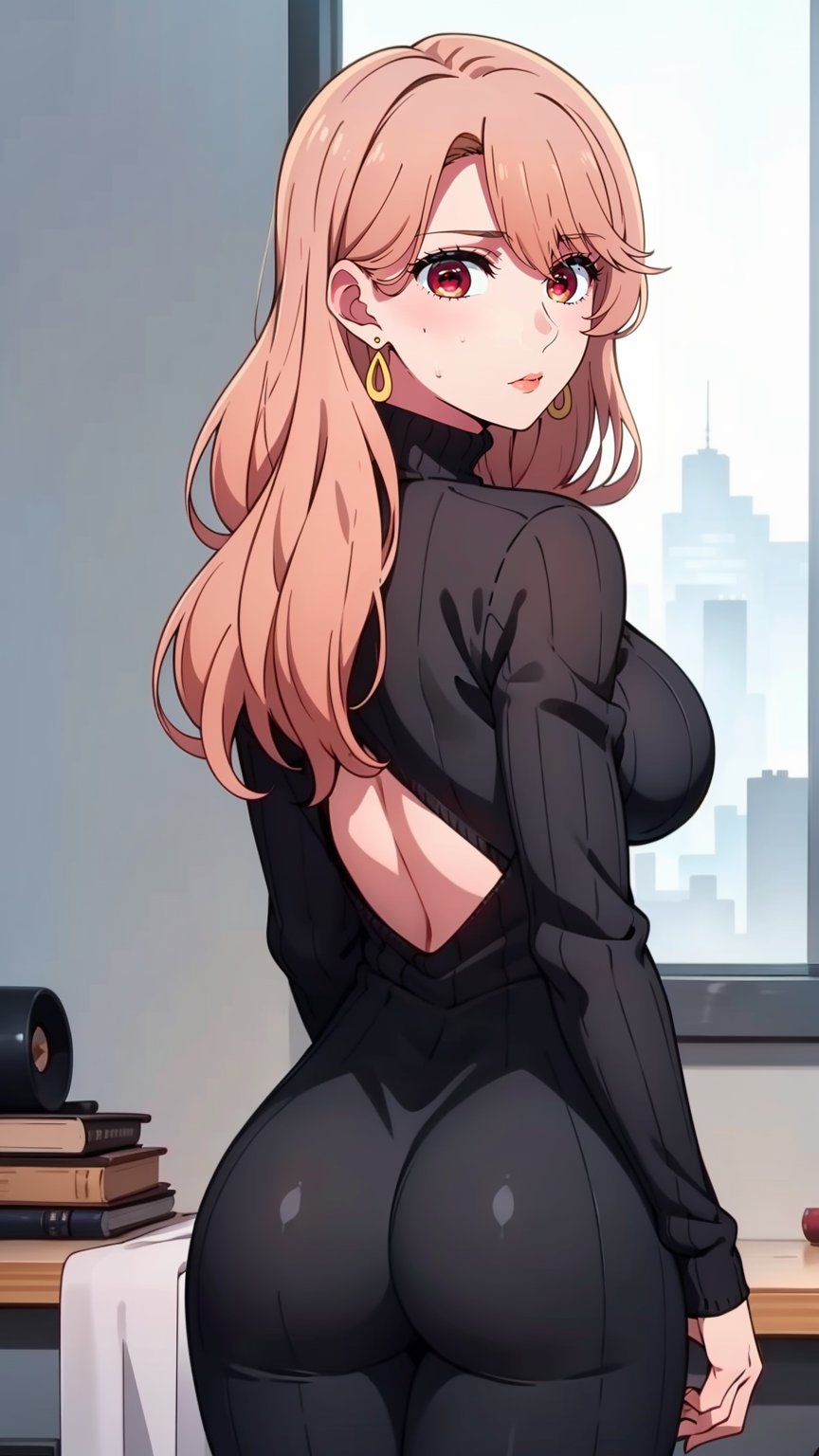 masterpiece, best quality, high resolution, highly detailed, HDR, intricate detail, ultra detailed,BREAK<lora:miyako saitou_moewaifu974:0.75>( long hair:1.3)_strawberry-blonde hair_(red eyes:1.3)_earrings,BREAK(from_back:1.3)_ (cowboy_shot:1.4)( thigh gap:1.5)_ looking_at_viewerBREAK(medium breast:1.2)BREAK(black color ribbed sweater long dress_sweater_turtleneck_long sleeve:1.4)