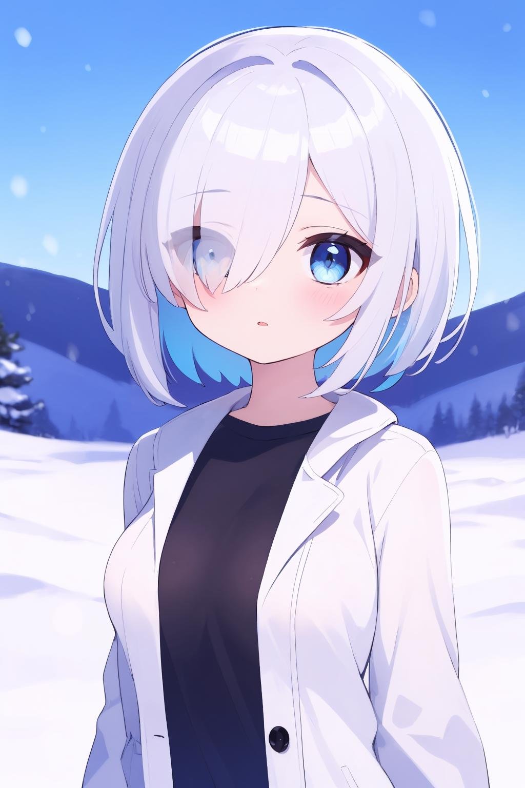 solo, petite, silver hair, short hair, hair over one eye, (streaked hair:0.8), blue eyes, gradient eyes, small breasts, black t-shirt, open coat, portrait, blue sky, snow, outdoors, masterpiece, best quality, absurdres, 