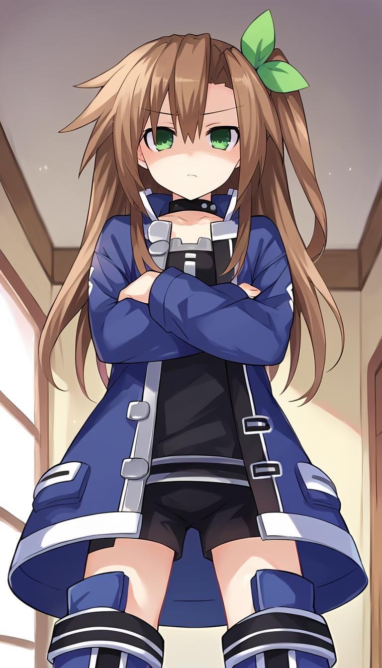 score_9, score_8_up, score_7_up, score_6_up, score_5_up,  source_anime, 1girl, solo, brown hair, long hair, green eyes, green bow, ribbon, one side up, choker, shaded face, disappointed, concerned, blue jacket, collar, boots, black shorts, black shirt, standing, arms crossed, looking at viewer, looking down, from below, pov, indoors, <lora:IF_Neptunia_PonyXL:0.8>, IF \(neptunia)\