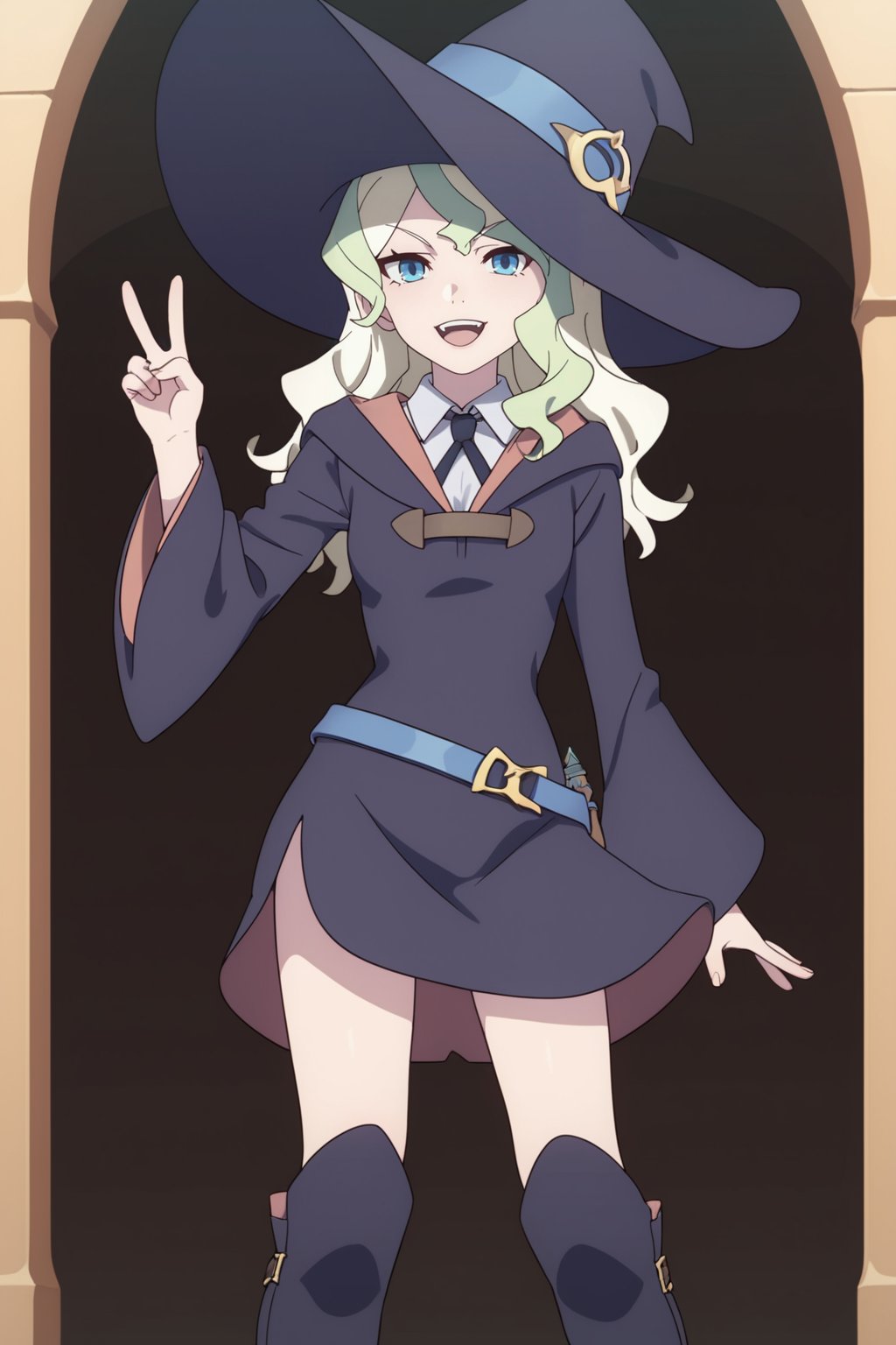 score_9, score_8_up, score_7_up, score_6_up, score_5_up, score_4_up, BREAK, <lora:Diana_Cavendish-000006:.8>, 1girl, Diana, multicolored hair, blue eyes, witch robe, witch hat, knee boots, standing, peace sign