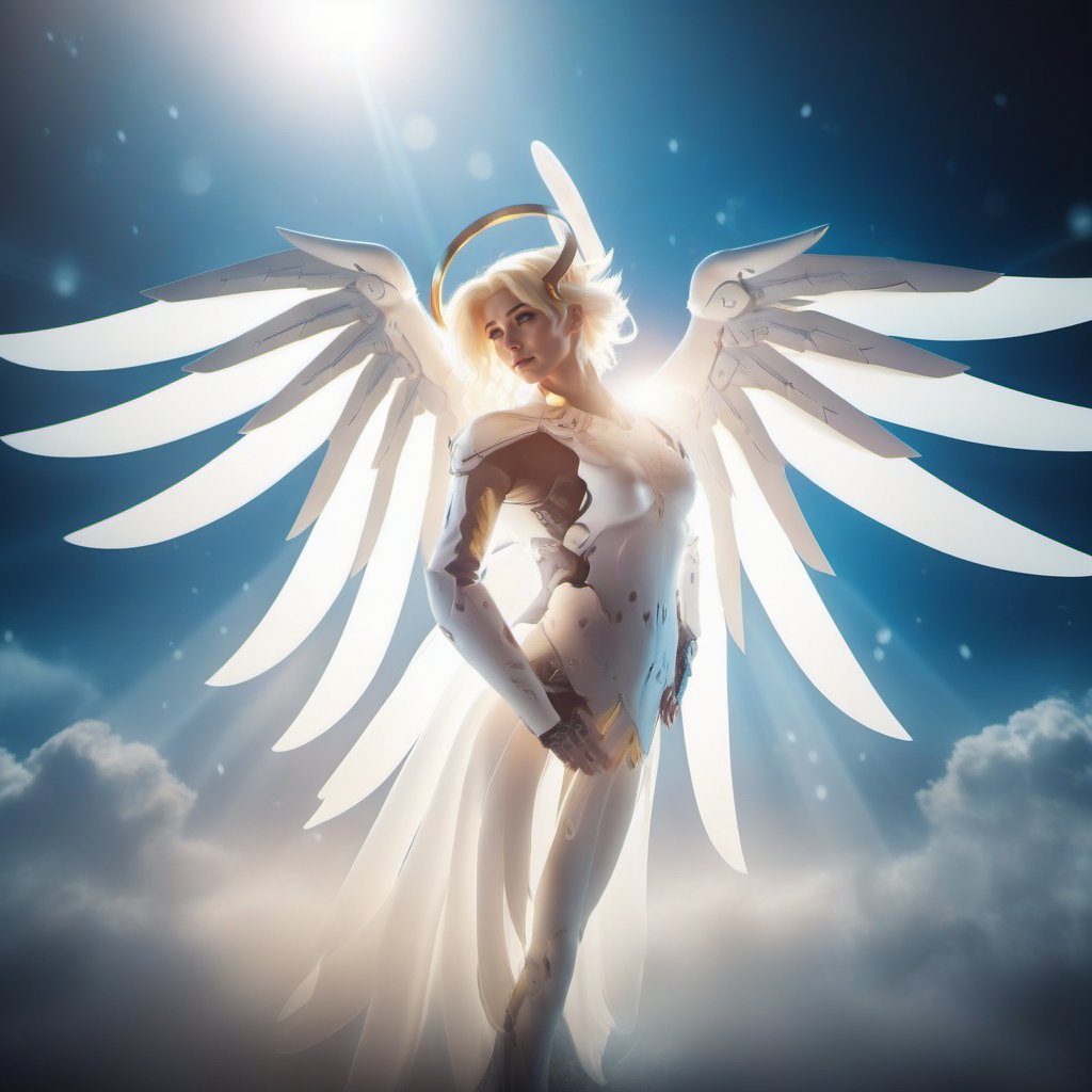 cinematic photo a realistic woman dressed in white with wings and an angel's halo , fantasy world <lora:Angel1024-000390:0.8> . 35mm photograph, film, bokeh, professional, 4k, highly detailed