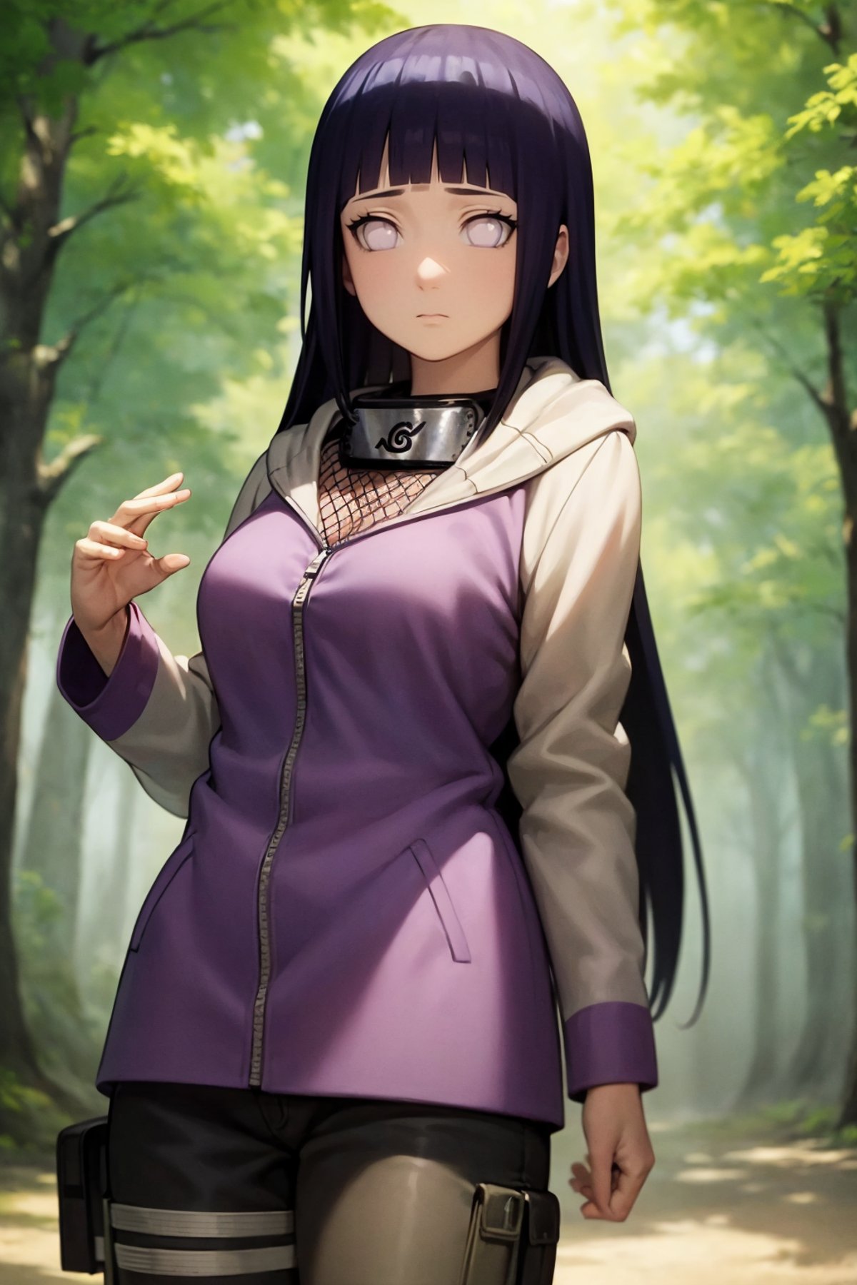 masterpiece, best quality, forest, cowboy shot, hinata_shippu, long hair, two-tone jacket, hood down, konohagakure symbol, forehead protector, pants, expressionless, fishnets   <lora:Hinata:1>