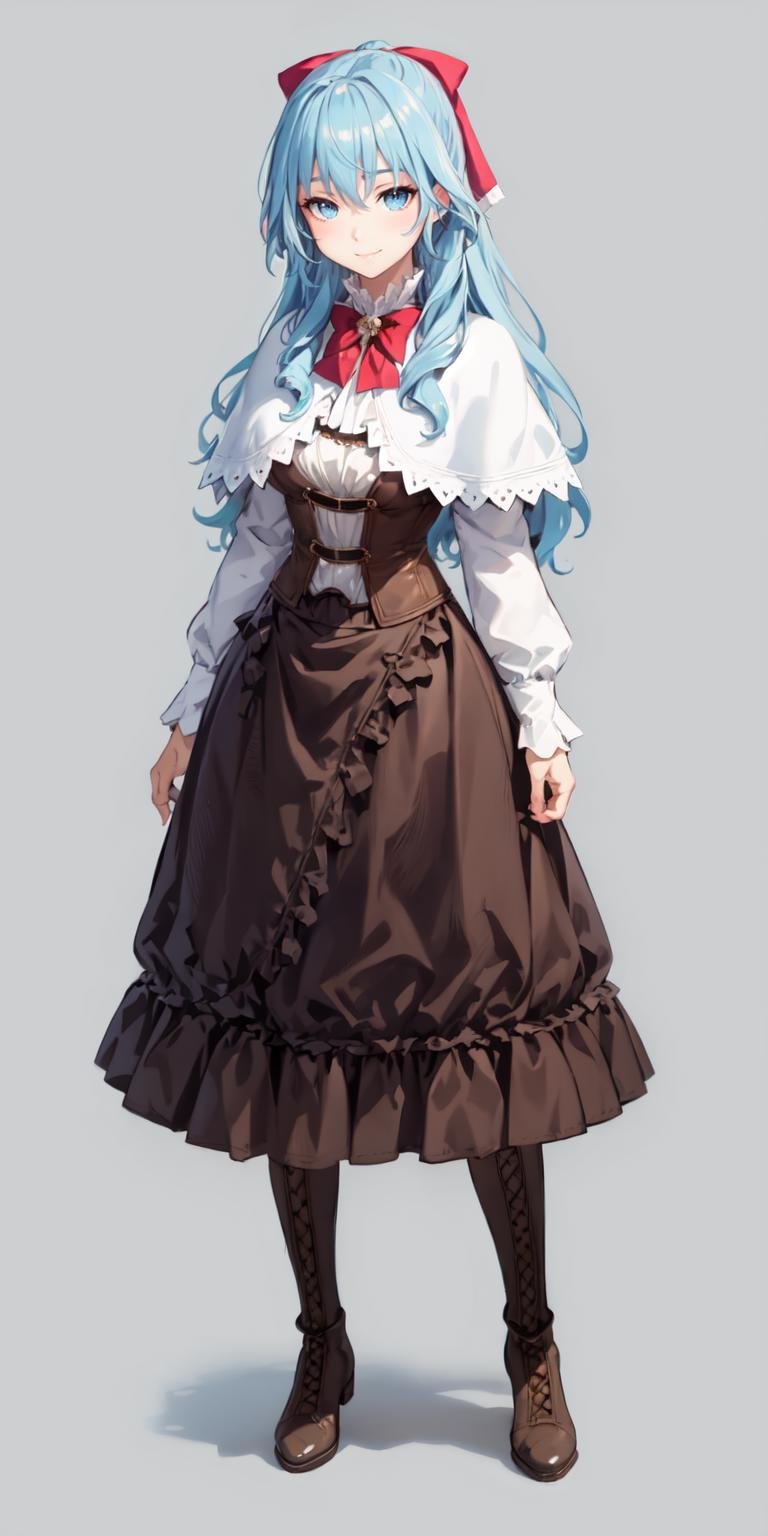 sgliselotte, full body, light smile BREAK long hair, blue hair, sidelocks, blue eyes BREAK white capelet, brown corset, red bow, hair bow, red bowtie, brown lace-up boots, long brown skirt BREAK (simple background, grey background:1) <lora:liselotte-sd15-5-000008:0.8> 