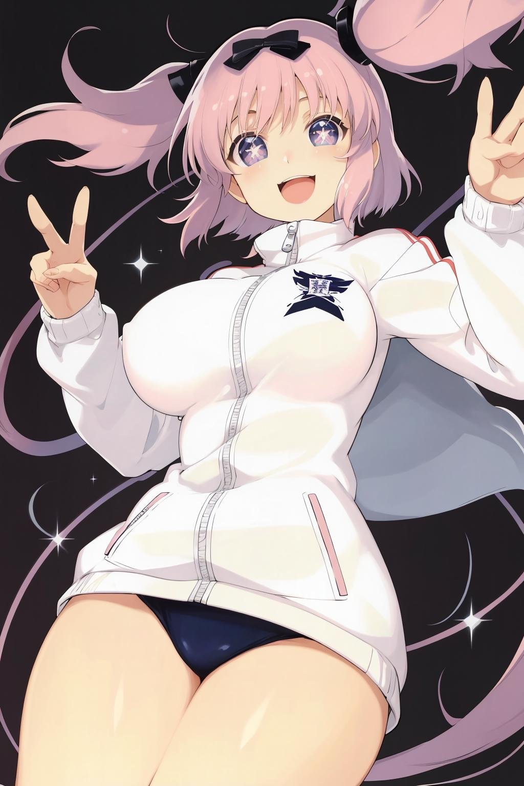 kimono, masterpiece, best quality, hibari (senran kagura), symbol-shaped pupils, pink hair, open mouth, big breasts, (+_+:1.1), sparkling eyes, blue eyes, short twintails, track jacket, smile, simple background, dynamic pose, <lora:hibari_senran kagura-000012:0.8><lora:Senran_kagura_style:0.2>