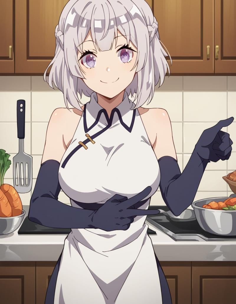 score_9, score_8_up, score_7_up, source_anime, <lora:farming-isekai-hakuren-s1-ponyxl-lora-nochekaiser:1>, hakuren, short hair, purple eyes, braid, grey hair,, gloves, bare shoulders, sleeveless, black gloves, elbow gloves, chinese clothes,, kitchen, cooking, apron, cutting vegetables, home cooking, smile, looking at viewer, hand pointing index finger, solo,, cowboy shot, dutch angle