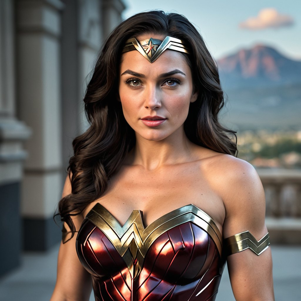 [realistic,photorealistic],(wonder woman),[heroine],[from dc],[metalic],[muscular],[slim]