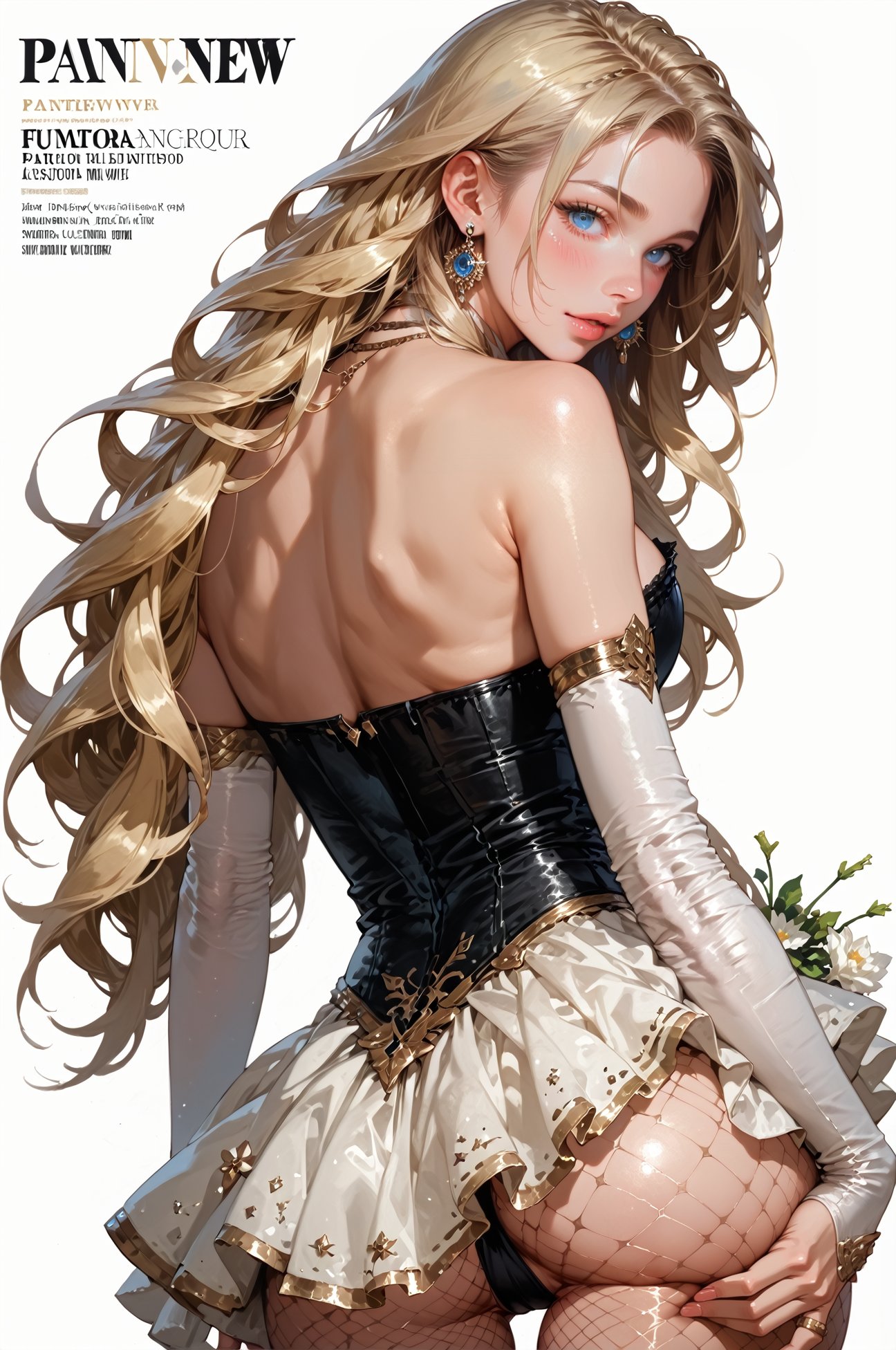 score_9, score_8_up, score_7_up, score_6_up, (1girl,solo), ((white and gold skirt, lace skirt, short dress, fishnet pantyhose)), necklaces, gold elbow gloves, strapless, long hair, seducing viewer, nsfw, heart, curvy,  looking at viewer, female focus, posing, erotic pose, suggestive pose, (from behind), bending forward, showing butt, pulling butt apart, close up, white flowers, black theme, magazine cover, helvetica bold, long hair, blonde hair, earrings,<lora:LOAs0rcl34pXL:0.75>,LOAs0rcl34pXL,<lora:sinfully_stylish_SDKL:0.5> <lora:Fant5yP0ny:0.6>, concept art, realistic, <lora:Expressive_H:0.5> Expressiveh 