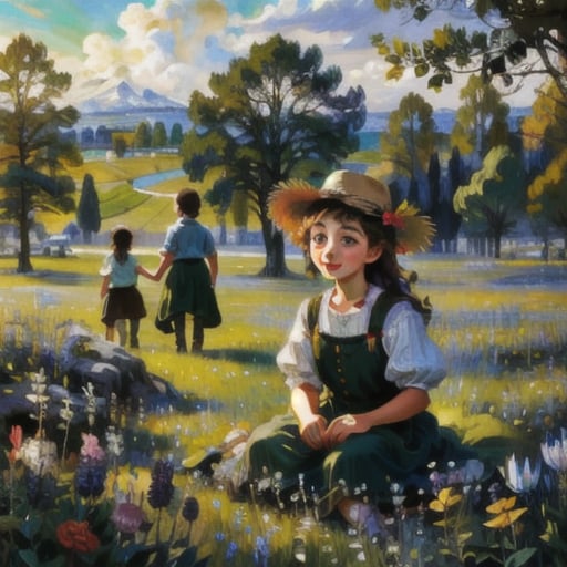 <lora:67714651F7:0.5> Oil painting style, children playing in a field of wildflowers, happy and carefree, detailed brushstrokes inspired by Thomas Moran and Claude Monet, vibrant colors reminiscent of Vincent Van Gogh's work, closeup perspective to capture the joy on the children's faces.