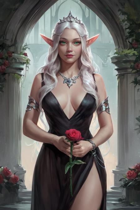 score_9, score_8_up, score_7_up, rating_safe, concept art, digital art, realistic, 1girl, solo, elf, pointy ears, breasts, long hair, long hair, white hair, green eyes, portrait, looking at viewer, black dress, tiara, silver tiara, holding, holding flower, rose, red rose, necklace, jewelry, cowboy shot, standing, outdoors, castle <lora:Concept Art Ultimatum Style LoRA_Pony XL v6:1>