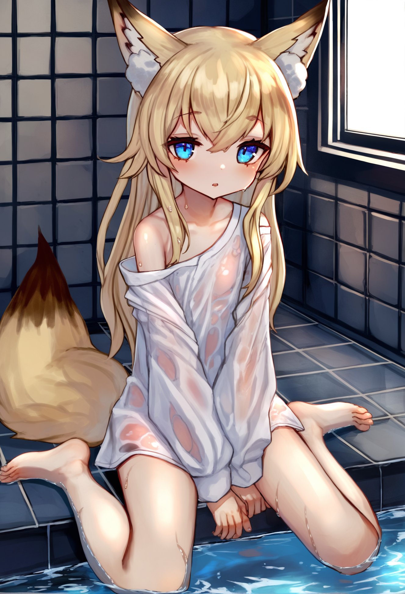 masterpiece, best quality, 1girl, 1011, solo, long hair, looking at viewer, blush, bangs, blue eyes, blonde hair, shirt, long sleeves, animal ears, hair between eyes, sitting, very long hair, tail, full body, parted lips, barefoot, indoors, water, off shoulder, :o, wet, animal ear fluff, sleeves past wrists, looking to the side, fox tail, soles, wet clothes, sleeves past fingers, tiles, wet shirt, tile floor, tile wall, shallow water <lora:さばみそ太郎XLlokr8f-000097:0.95>