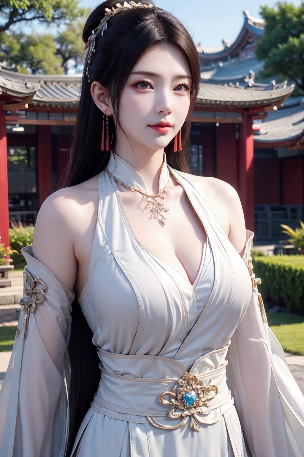 CAFC,1girl,solo,long hair,jewelry,upper body,suburban scenery,east asian,chinese style architecture,