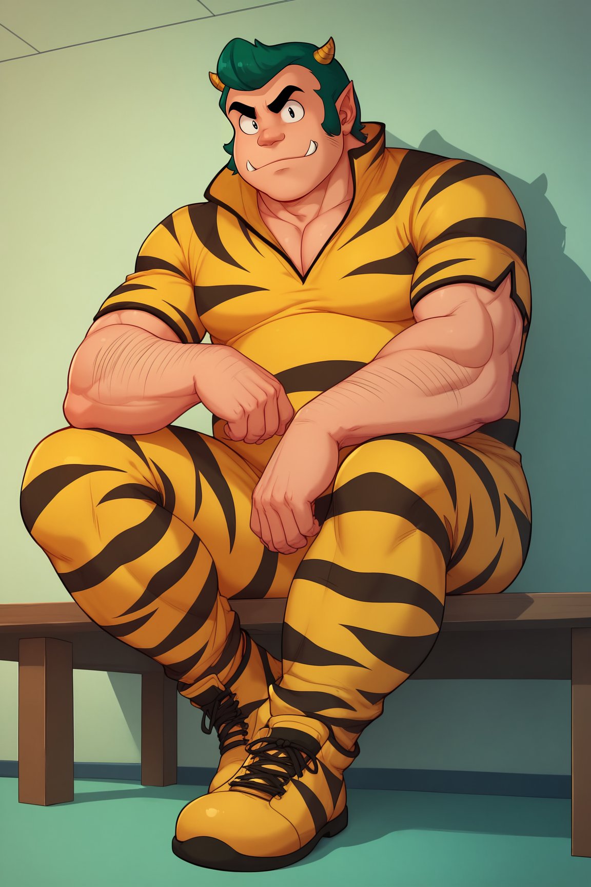 score_9, score_8_up, score_7_up, score_6_up, BREAK, LumFatherUYXL, thick eyebrows, black eyes, green hair, short hair, sideburns, yellow horns, oni horns, pointy ears, fangs, muscular male, fat, tiger print, yellow bodysuit, short sleeves, solo, full body, sitting, bellow view, seductive smile, looking at viewer, indoors <lora:LumFatherUYXL:1>