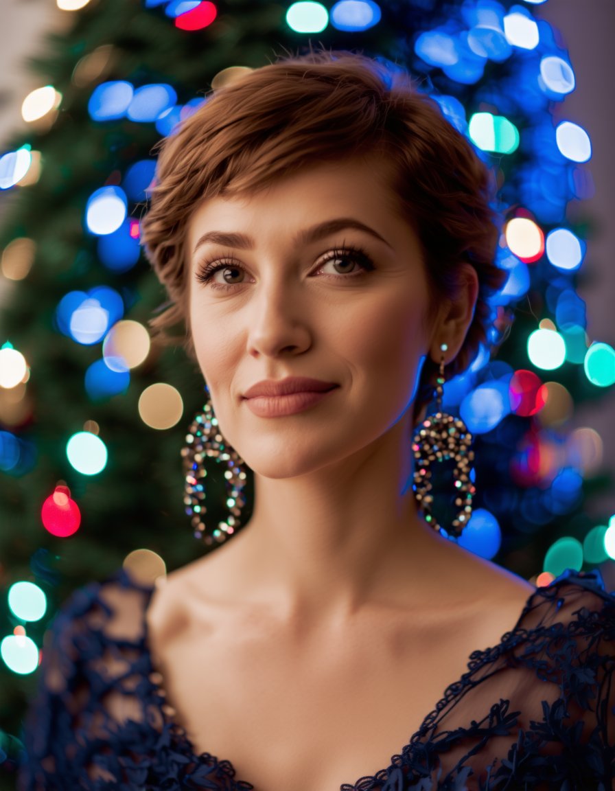 best quality, 4K, 8K, high-resolution, masterpiece, ultra-detailed, photorealistic,  beautiful young woman with short brown hair in front of a christmas tree, posing for the camera, woman, looking at viewer, smile, short hair, brown hair, cleavage, jewelry, brown eyes, collarbone, upper body, earrings, blurry, lips, blurry background, realistic,