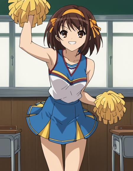 score_9, score_8_up, score_7_up, source_anime,haruhisuzumiya,  <lora:haruhi-suzumiya-s1-ponyxl-lora-nochekaiser:1>,haruhi suzumiya, short hair, brown hair, brown eyes, hairband, medium hair, ribbon, hair ribbon,skirt, pleated skirt, blue skirt, cheerleader, pom pom \(cheerleading\), sleeveless,indoors, classroom, bent over, smile,looking at viewer, cowboy shot, solo,