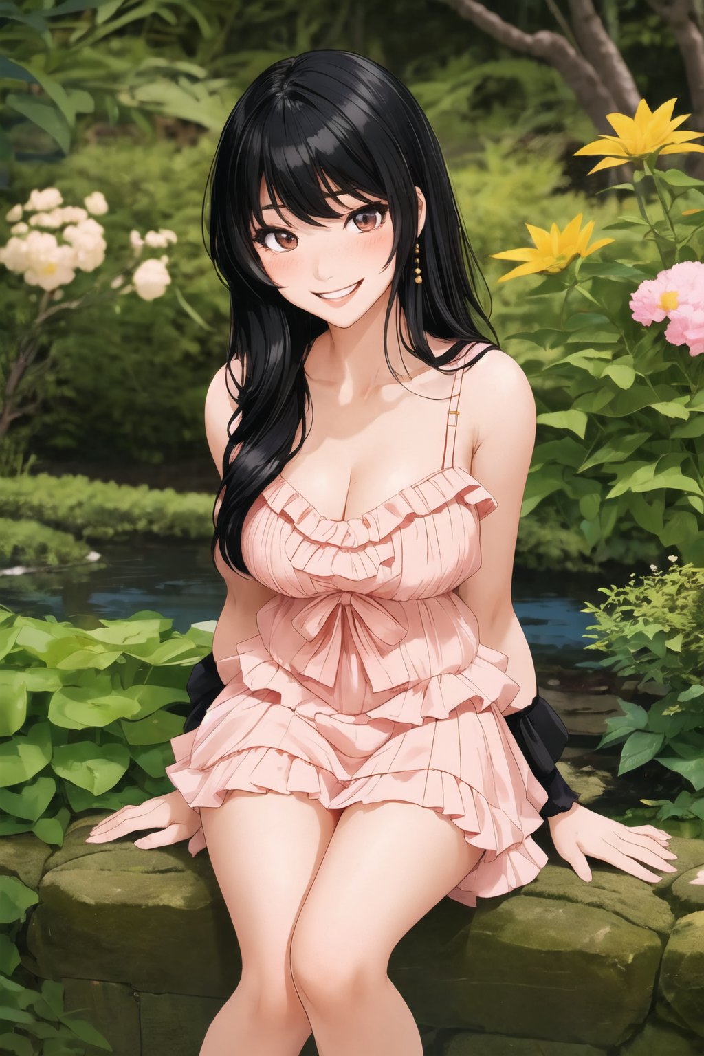 a beautiful Japanese college girl with black-hair, irresistible, wearing ruffle mini dress, sexy smile, lunar colony garden, (casual:1.2), pale skin, blush, detailed skin, innocent, <lora:detail_slider_v4:1>,  <lora:btrufmidr:0.7>