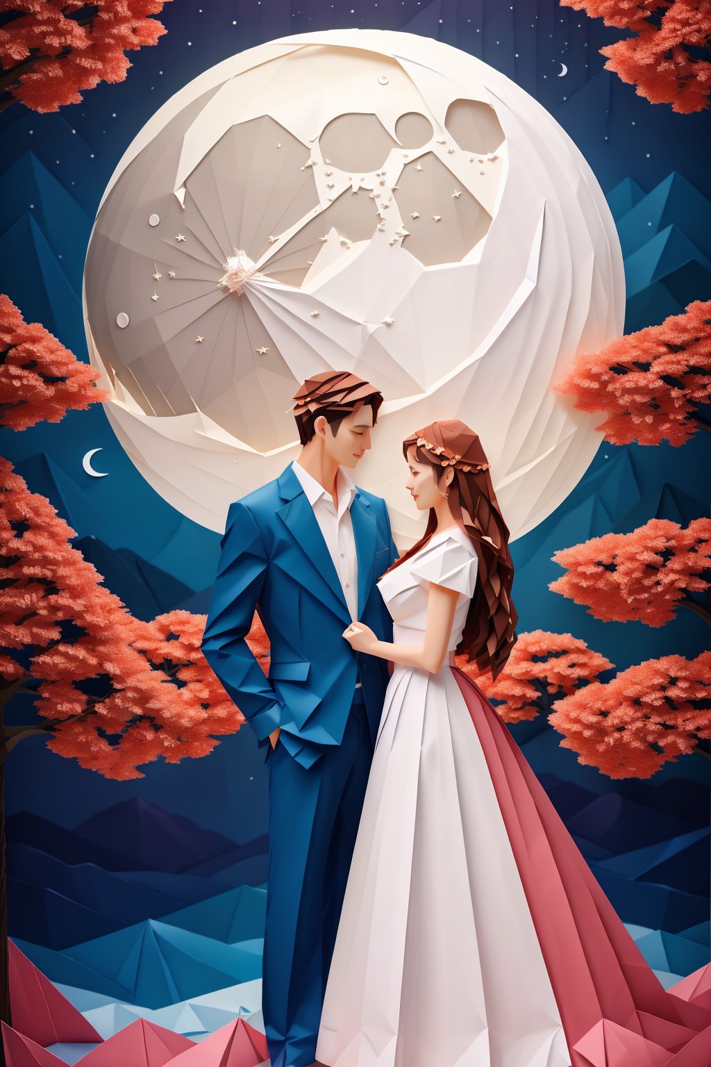 ((best quality)), absurdres, ((ultra high res)), origami, a couple is standing in front of a moon, extremely detailed, realistic, 8k, masterpiece, <lora:origami:0.8> 