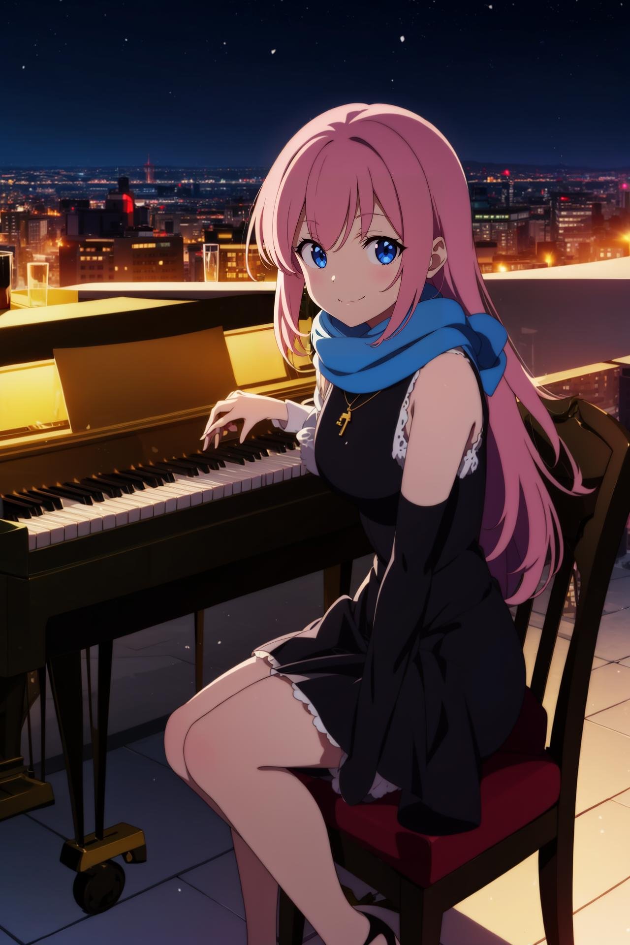 1girl,solo,smile,dress,playing_piano,piano,dress,night_time, long_hair,sitting,chair,skirt, satin dress, necklace,pendant, volumetric_lighting,heels,outdoors,snow,night_time,vivid_lighting,scarf, anime screencap, looking at viewer,, anime_coloring,anime_key_visual, colorful,vivid<lora:envybetterhandsLocon_beta2:1>