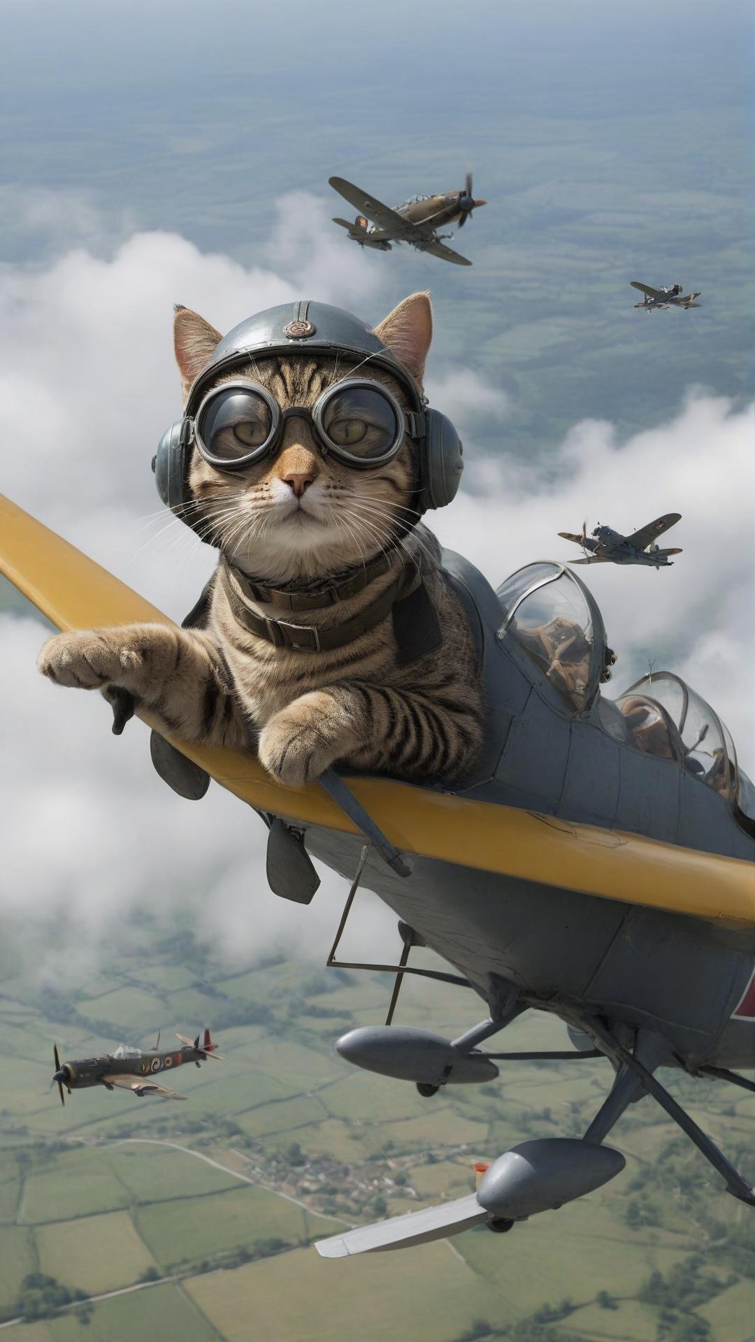 Human-sized cats in pilot uniforms of the Royal Air Force and Luftwaffe flying planes, engaged in an aerial dogfight. The planes are scaled to fit the cats. The lead cat, wearing a pilot's helmet and goggles, shows a focused expression.