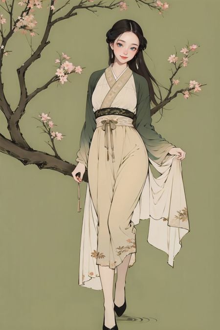 <lora:guofeng_xin_32_80minus40:0.9>,(chinese_art_style, simple background, green background),1girl,smile,standing,full body,hanfu,high heels,(cowboy shot),(outdoors, tree, leaves, chinese style buildings),(masterpiece,high quality,best quality),(colorful),(delicate eyes and face),volumatic light,ray tracing,extremely detailed CG unity 8k wallpaper,