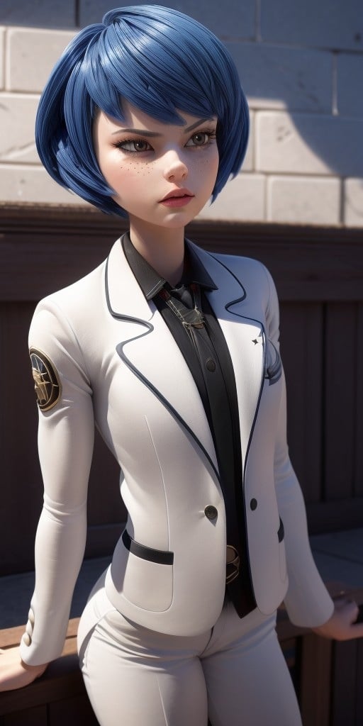 Hyperrealistic, photorealistic, super detailed, white long-sleeved blazer that has black outlines around the collar, expressive sharp slanted moderate vermilion eyes, thick straight black hair with blue reflections bangs swept to the left in a face-framing bob that levels with her chin with dark blue tints, lighter dusting of light-brown freckles, body like in real life, large pores, fair skin, slender, beautiful arms, (very little very flat breasts), unreal engine, octane render, droped shadow, bokeh, cinematic lighting, <lora:add_detail:0.5>, <lora:Volumetric_lighting:0.6>, Kagami Tsurugi,, <lora:dc2cca4f-0ca7-4e9e-8f19-795820b7cd3f:0.7>