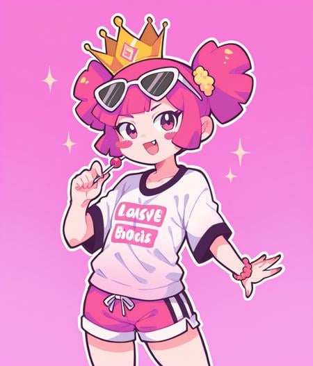 Score_9,score_8_up,score_7_up,solo,1girl,mesugaki,:3,bunches,curvy,looking at viewer,blush stickers,colored sclera,pink hair,fang out,sports sunglasses,loose clothes,shorts,crown,holding lollipop,sprinkles,happiny,cartoonized,graffiti,pink theme,gradient background,<lora:Style_Muse_Dash:0.8>,