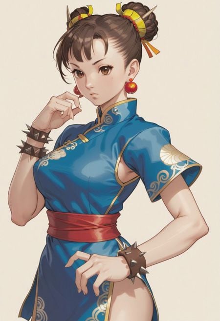 1girl, chun-li, solo, bun cover, jewelry, spikes, double bun, bracelet, spiked bracelet, hair bun, chinese clothes, earrings, china dress, dress, brown hair, short hair, brown eyes, traditional media, 