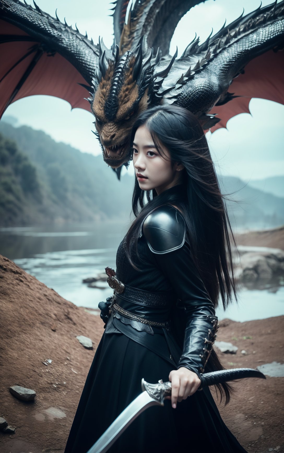 Perfect fingers, delicate fingers, five fingers,1girl, black hair, dragon, holding sword, long hair, sword, weapon, negative_hand,