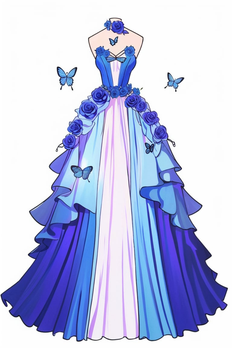 ClothingDesign, dress, butterfly, bug, flower, white background, long dress, simple background, blue dress, blue flower, solo, rose, standing, full body, blue butterfly, artist name, purple flower, <lora:20240601-1717209436687:0.8>