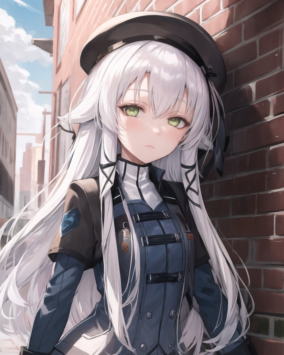 best quality, (masterpiece:1.2), illustration, absurdres,(1girl), (solo), (beautiful detailed girl), <lora:AltinaUniform:0.9>,  Altina Orion, white hair, long hair, sidelocks, tress ribbon, hair ornament, green eyes, flat chest,hat, headwear,blue shirt, uniform, skirt, black pantyhose, white boots,apathetic, expressionless, looking at viewer,(brick wall:1.1), (graffiti:1.1), alleyway, alley, sky, clouds, run down buildings,,  (upper body, portrait)