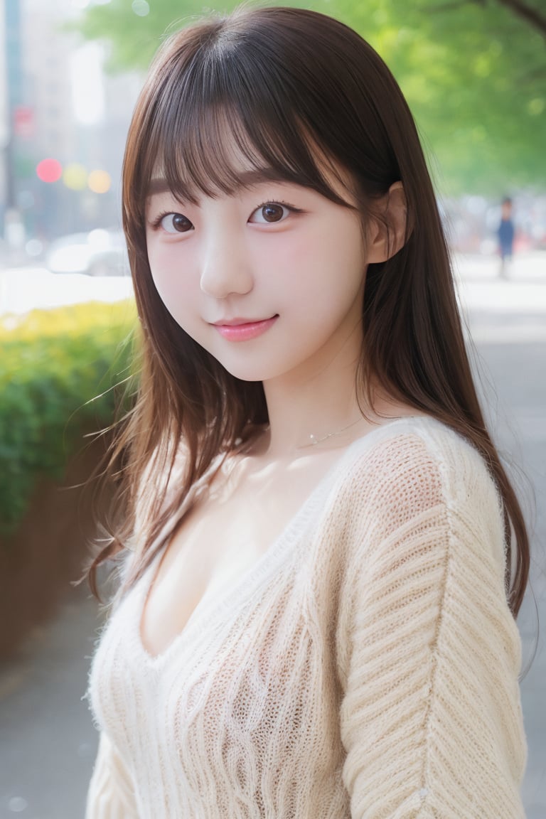 a picture of eunji15 woman, brunette hair,detailed skin, surface scattering, bokeh, skin pores,  city streets,wearing a sweater,outdoors, looking at viewer ,subtle smile,  <lora:eunji15 (5):1>