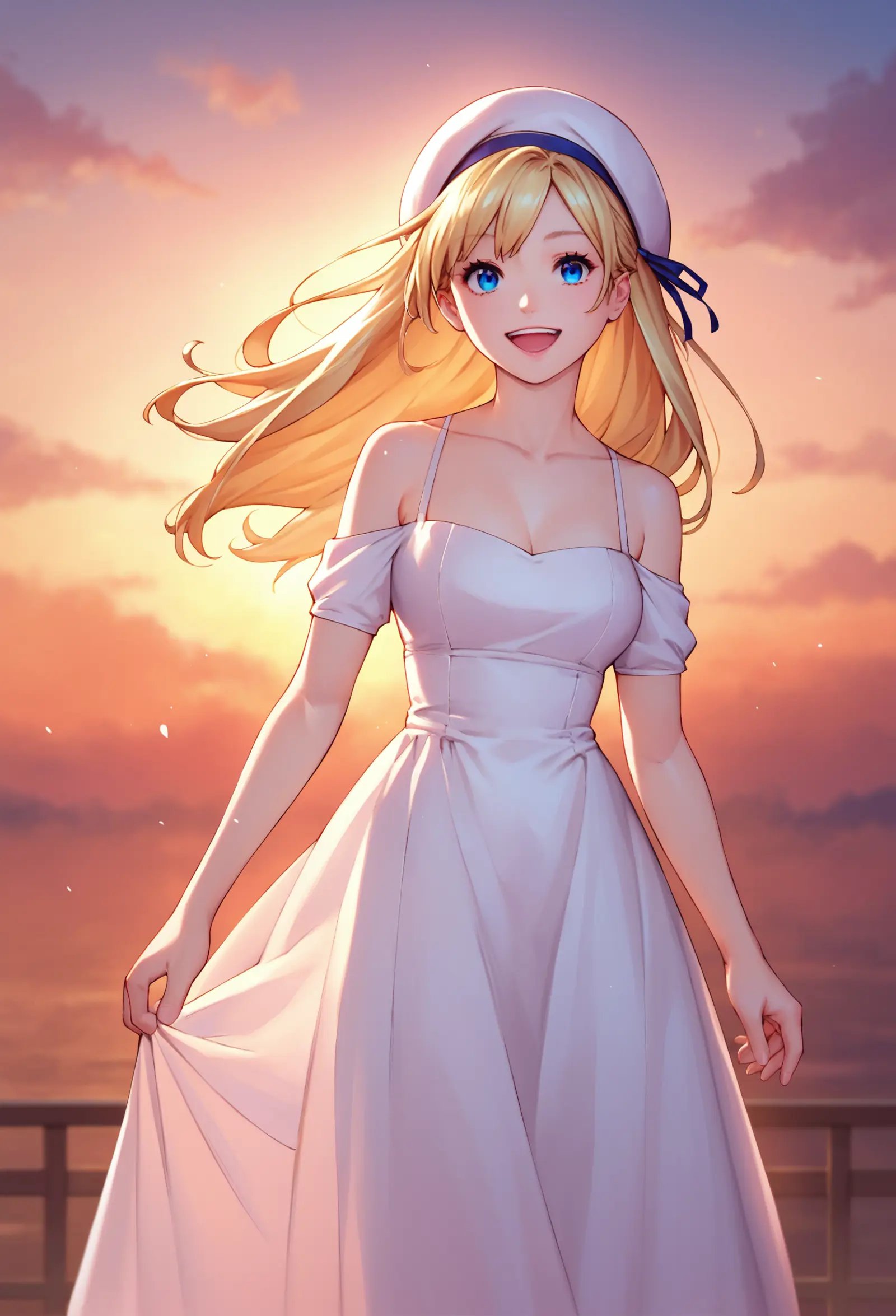 score_9, score_8_up, score_7_up,  source_anime, 1girl, long hair, blonde hair, white hat, white dress,  blue eyes, open mouth, solo, smile, sky,  walking, cowboy shot,,<lora:Seto_Yuuki_PonyXL_dim32-000036:1>,