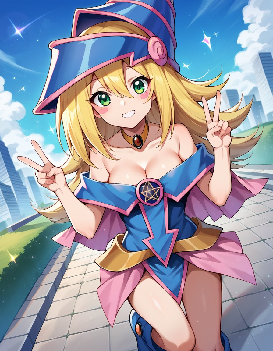 score_9, score_8_up, score_7_up, source_anime,darkmagiciangirl, <lora:dark-magician-girl-ponyxl-lora-nochekaiser:1>dark magician girl, blonde hair, choker, green eyes, long hair, blush, blush stickers, smile,bare shoulders, blue footwear, blush, blush stickers, cleavage, collarbone, duel monster, hat, off shoulder, pentacle, wizard hat,outdoors, cityscape, peace sign, heart,looking at viewer, dutch angle, cowboy shot,