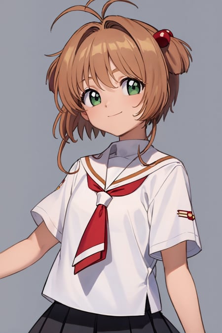 masterpiece, best quality,1girl, kinomoto sakura, antenna hair,  brown hair, short hair, twintails, green eyes, white shirt, short sleeves, red neckerchief,  sailor collar, school uniform, black skirt, smile,  upper body, solo, looking at viewer, simple background   <lora:SakuraCardCaptor:1>