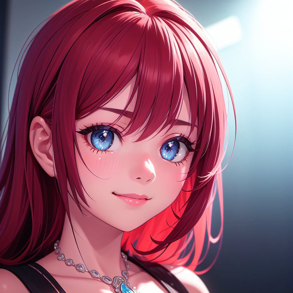 a close up from 1 beautiful and cute girl, extreme close-up, detailed blue-silver eyes, ((long red hair)),  beautiful dainty necklace,  shy smile,  (masterpiece:1.2), (best quality:1.2), newest, ai-generated, ultra-detailed, best shadow, detailed background, high contrast, (best illumination, an extremely delicate and beautiful), ((cinematic light)), hyper detail, dramatic light, intricate details, 8k, anime, very aesthetic, vibrant color,